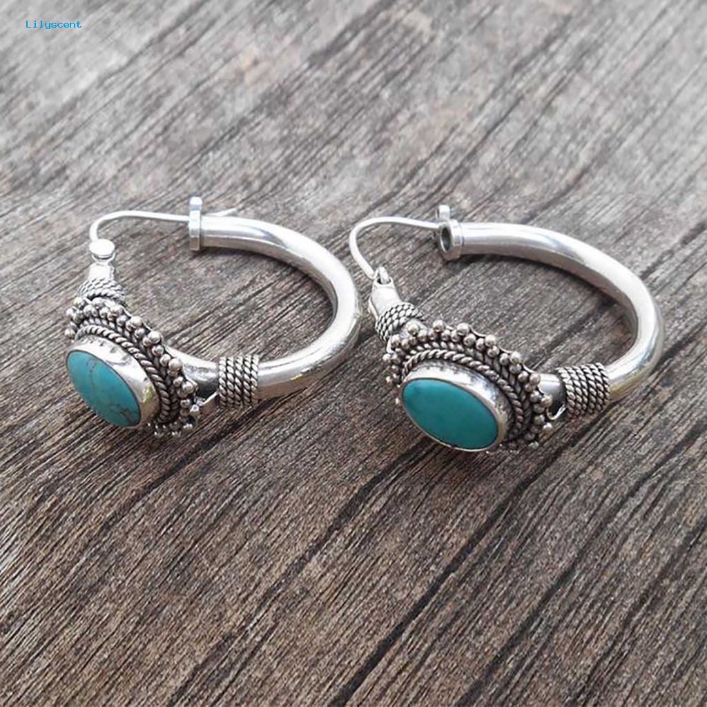 Lilyscent 1pasang Anting Klip Tindik Perhiasan Aksesoris Vintage Turquoise Lady Boho Earrings Simple