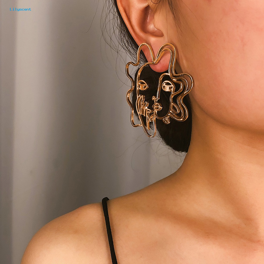 Lilyscent Kreatif Wanita Berongga Wajah Abstrak Pesona Statement Stud Earrings Perhiasan Pesta