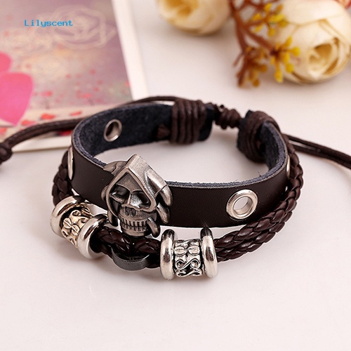 Lilyscent Pria /'s Wanita Fashion Punk Tengkorak Dikepang Kulit Imitasi Multilayer Handmade Gelang