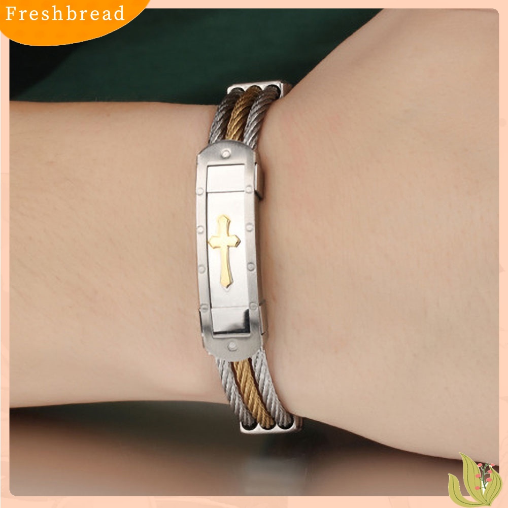 &lt; Freshbread &gt; Perhiasan Gelang Tangan Bangle Salib Tiga Lapisan Stainless Steel Unisex Bergaya