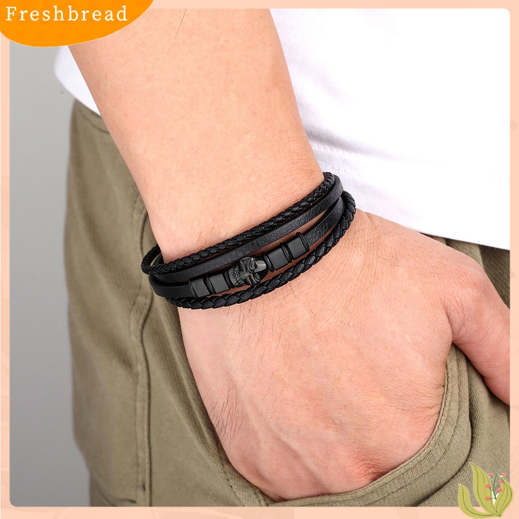 &lt; Freshbread &gt; Pria Gelang Handmade Anyaman Desain Tengkorak ic Gesper Geometris Dekoratif Hadiah Multilayer Bungkus Laki-Laki Kulit Imitasi Bangle Fashion Perhiasan Untuk Pakaian Sehari-Hari