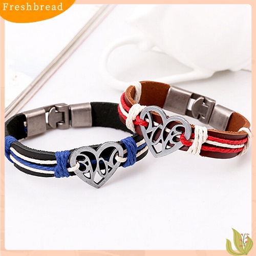 &lt; Freshbread &gt; Pasangan Kekasih Berongga Cinta Hati Rajutan Kulit Bangle Alloy Cuff Buckle Bracelet