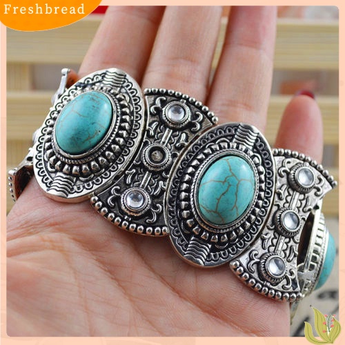 &lt; Freshbread &gt; Retro Hadiah Wanita Oval Pirus Ukir Tibet Bangle Gelang Boho Perhiasan