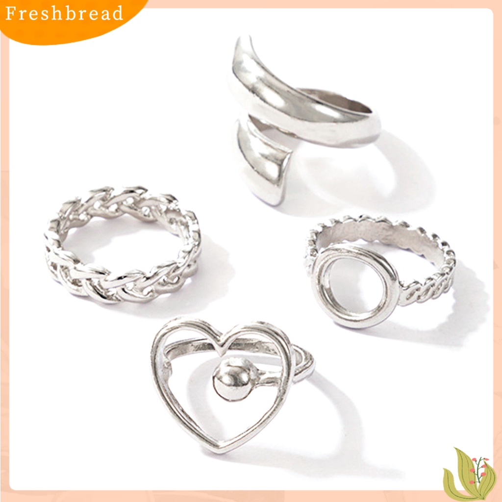 &lt; Freshbread &gt; 4Pcs/Set Hati Bentuk Geometris Bahan Alloy Rantai Hollow Bukaan Jari Cincin Cincin Sendi Untuk Pesta