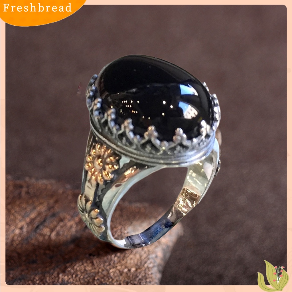 &lt; Freshbread &gt; Cincin Unisex Lebar Gaya Batu Ukir Pola Bunga Cincin Permata Imitasi Aksesoris Perhiasan