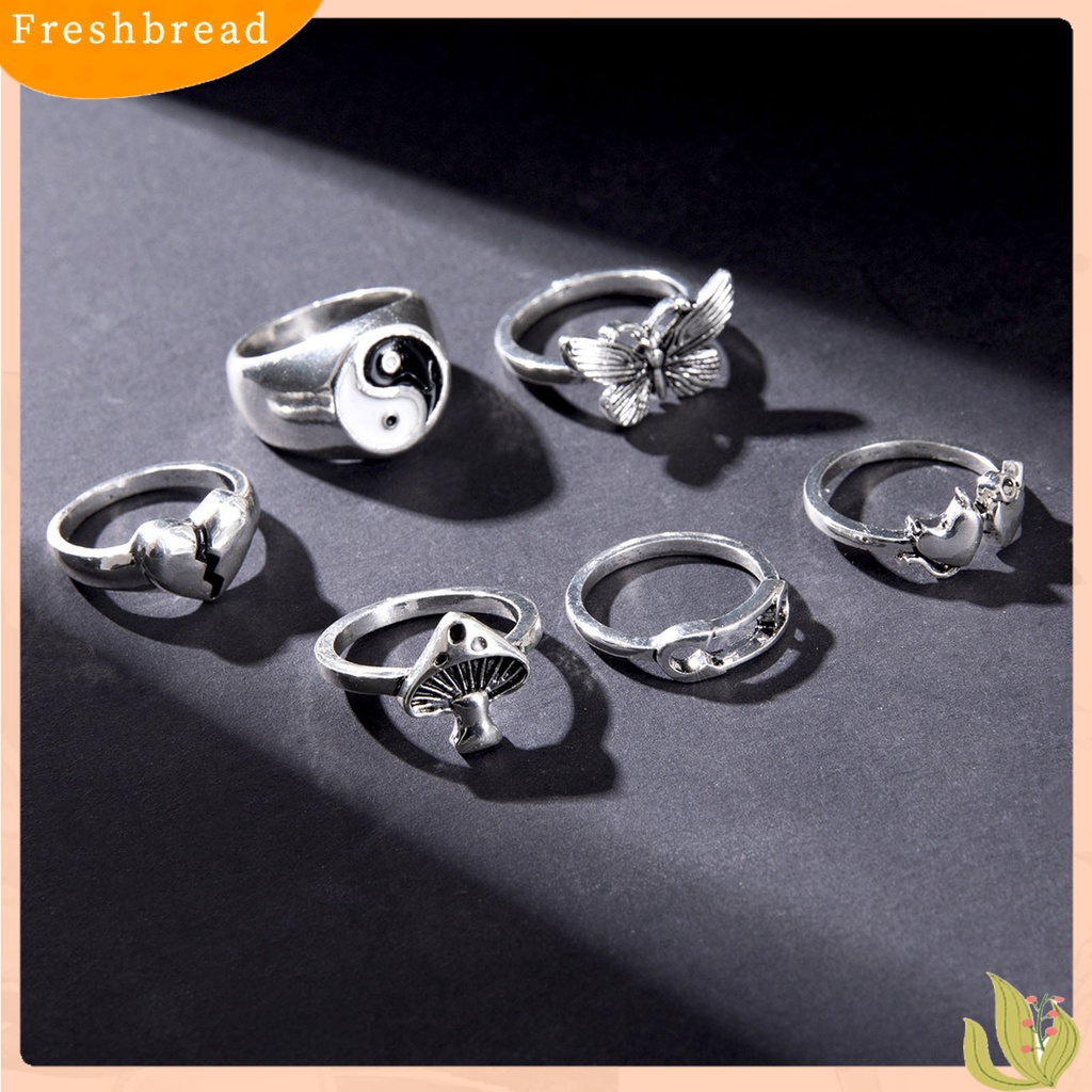 &lt; Freshbread &gt; 6Pcs/Set Cincin Fashion Retro Stackable Alloy Butterfly Design Finger Ring Aksesoris Perhiasan