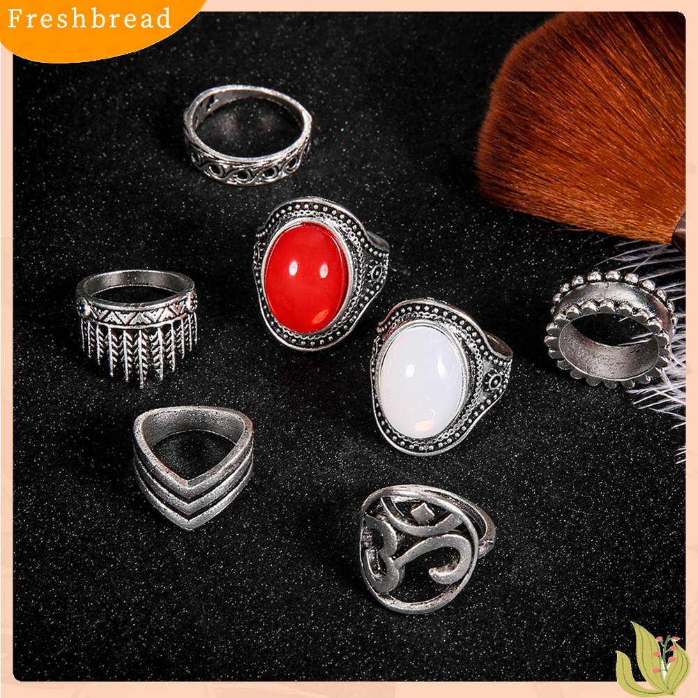 &lt; Freshbread &gt; 7Pcs/Set Boho Wanita Oval Yoga OM Knuckle Midi Susun Cincin Retro Perhiasan Hadiah