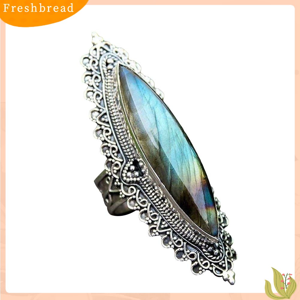 &lt; Freshbread &gt; Retro Wanita Marquise Cut Faux Labradorite Bertatahkan Gua Jari Cincin Perhiasan Hadiah