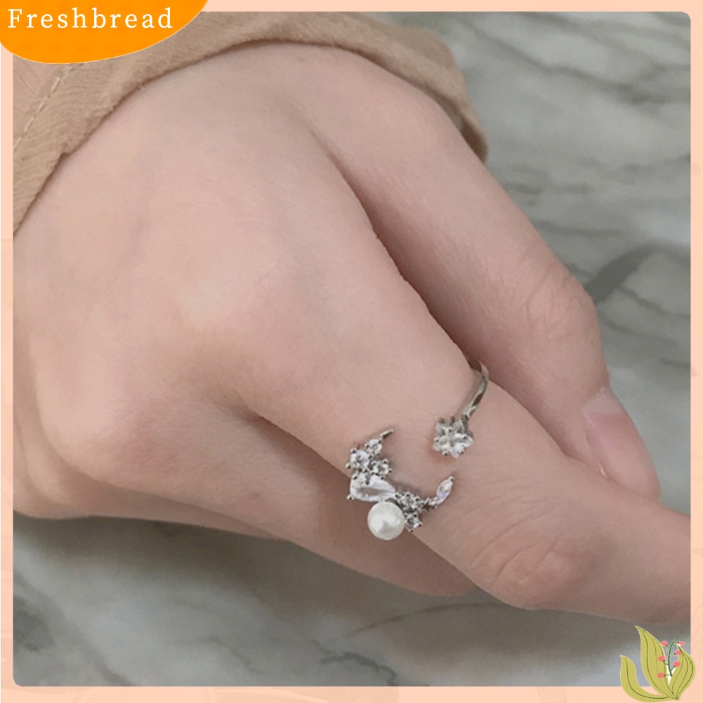 &lt; Freshbread &gt; Wanita Cubic Zirconia Mutiara Imitasi Bulan Bintang Terbuka Jari Cincin Perhiasan Yang Dapat Disesuaikan