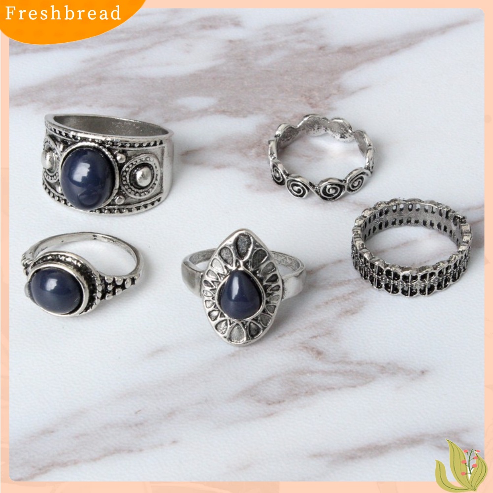 &lt; Freshbread &gt; 5Pcs/Set Bohemian Vintage Batu Biru Alloy Jari Cincin Wanita Menawan Perhiasan