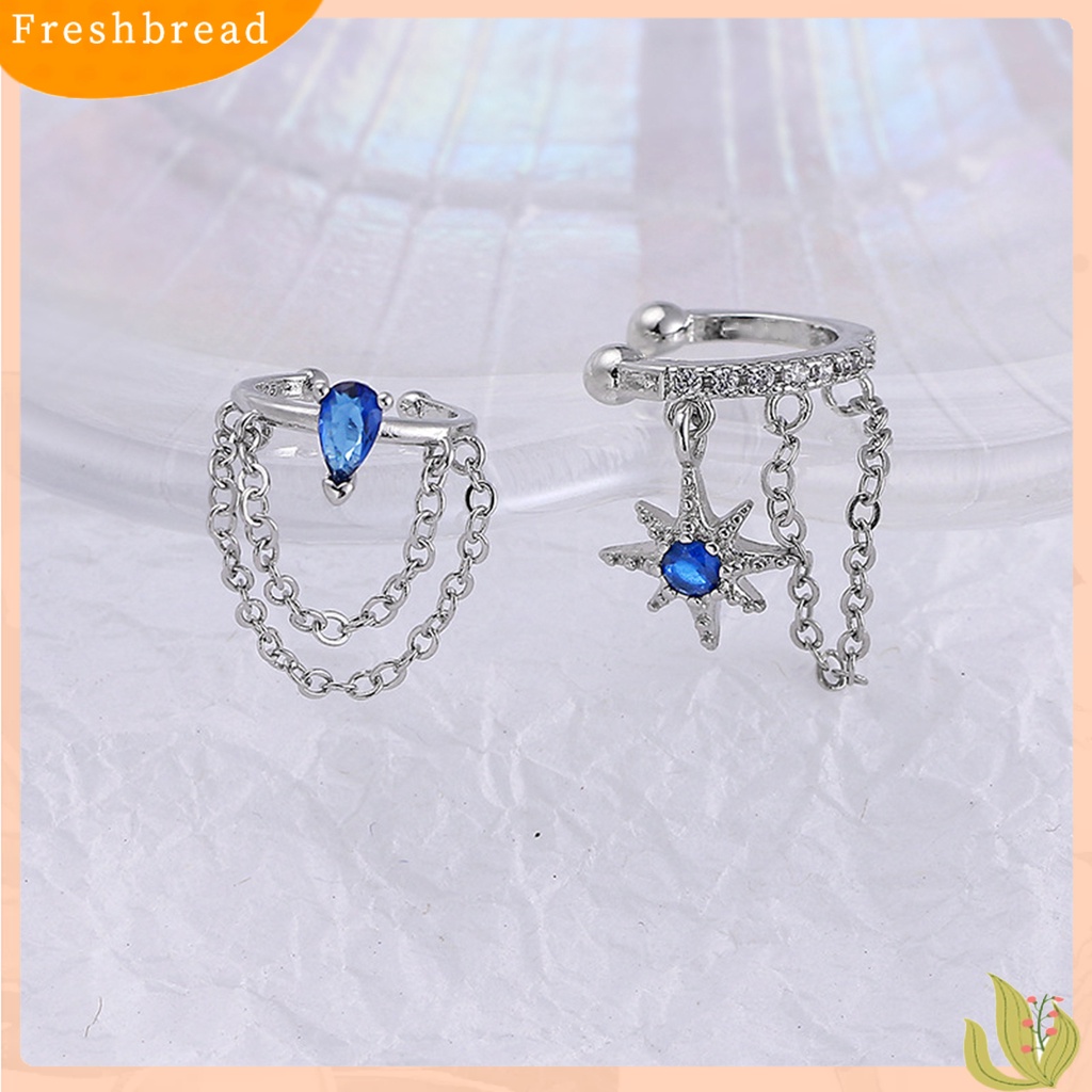 &lt; Freshbread &gt; 1Pc Klip Anting Bintang Geometris Kubus Zirconia Gaya Korea Rantai Rumbai Klip Telinga Untuk Pesta Perjamuan Pernikahan Prom