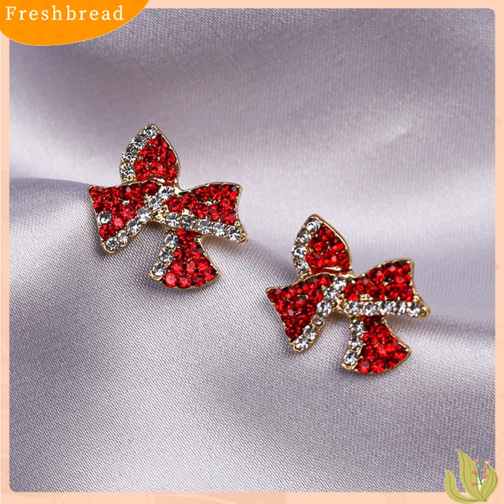 &lt; Freshbread &gt; 1pasang Anting Tusuk Bentuk Busur Berlian Imitasi Perhiasan Manis Tahan Lama Ear Studs Untuk Pakaian Sehari-Hari