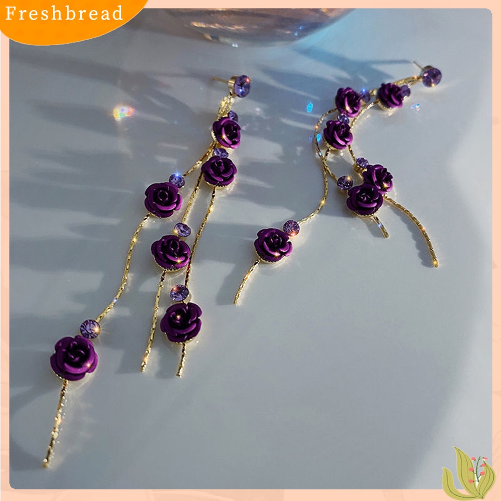 < Freshbread > 1pasang Anting Wanita Bentuk Mawar Rumbai Manis Berlian Imitasi Menjuntai Anting Untuk Hadiah