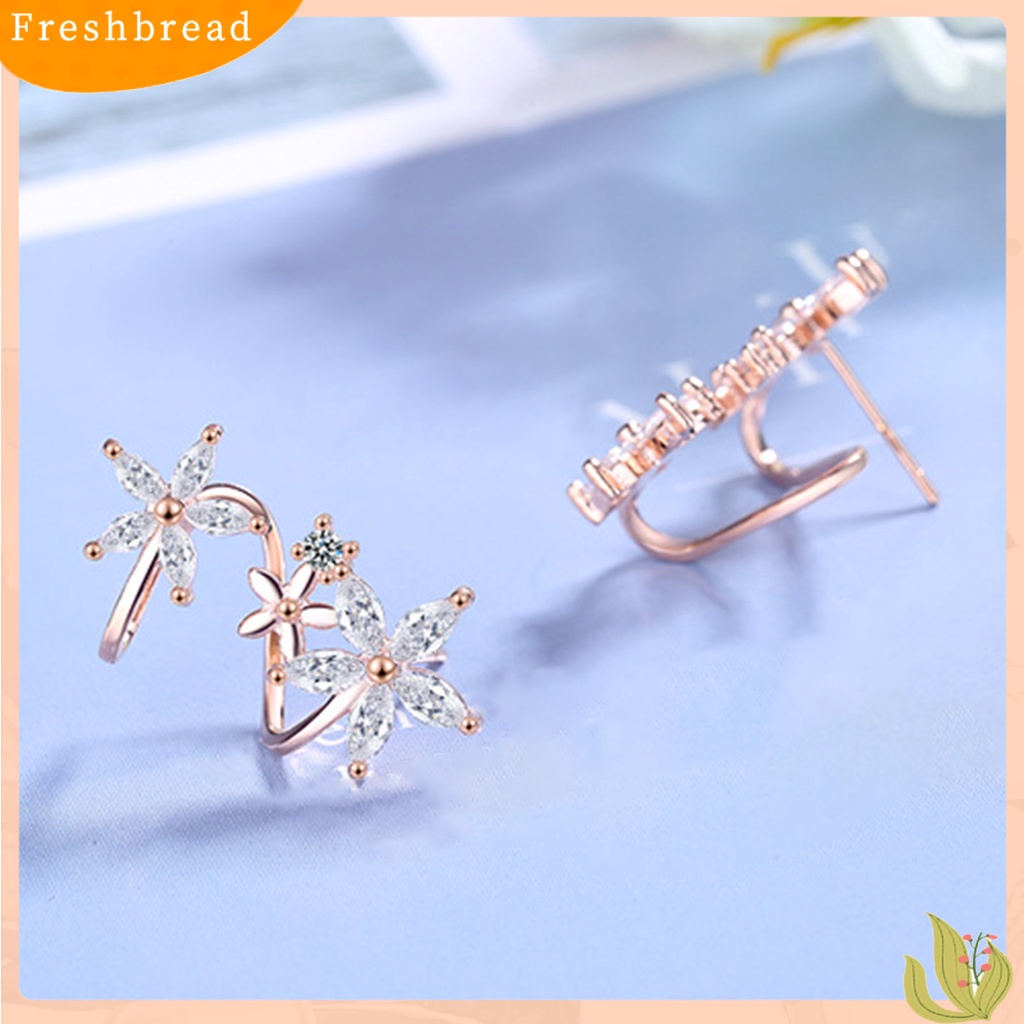 < Freshbread > 1pasang Anting Klip Wanita Bentuk Bunga Arc Perhiasan Cubic Zirconia All Match Manset Telinga Untuk Pesta