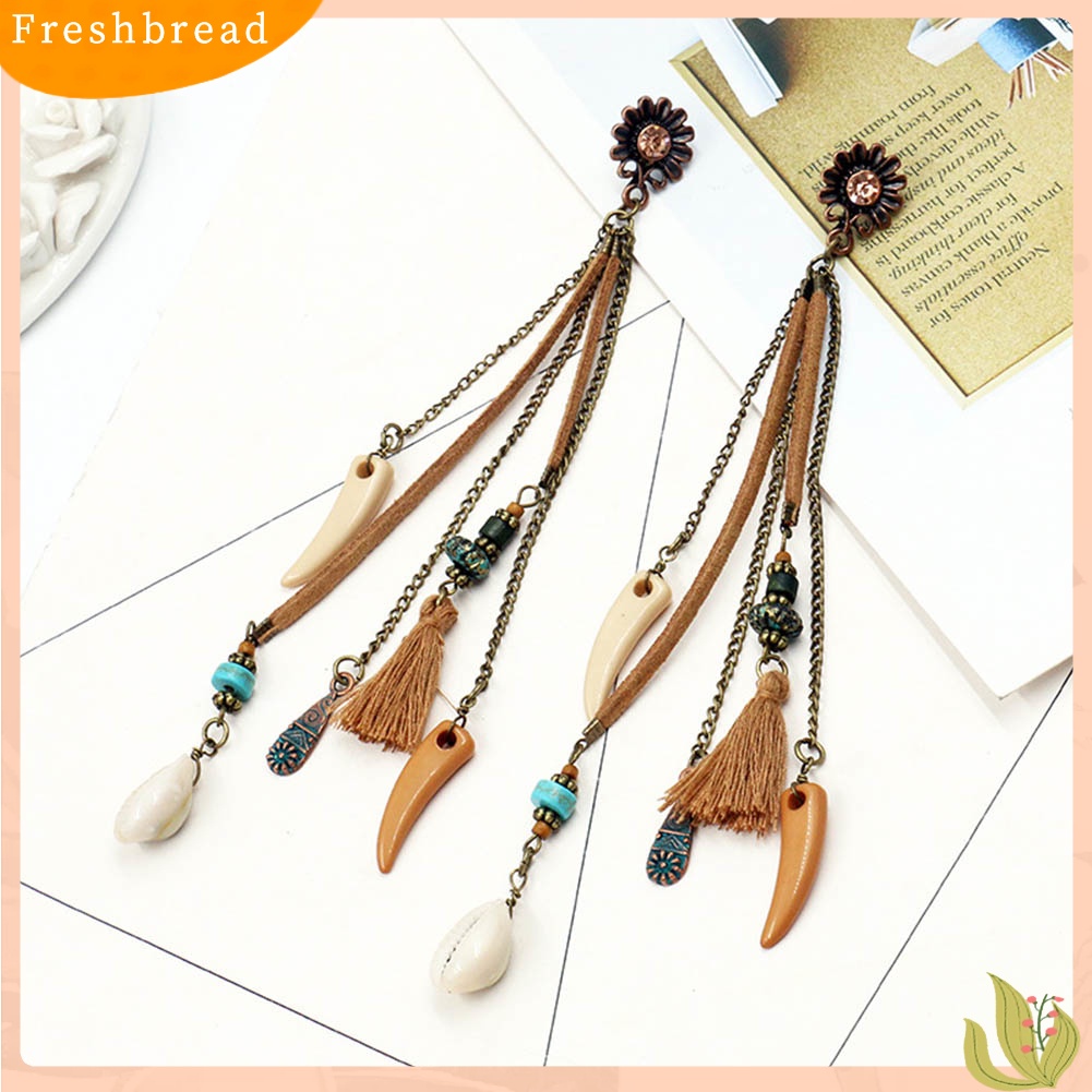 &lt; Freshbread &gt; Wanita Boho Bunga Matahari Shell Ox Tanduk Rumbai Menjuntai Anting Eardrop Perhiasan Hadiah