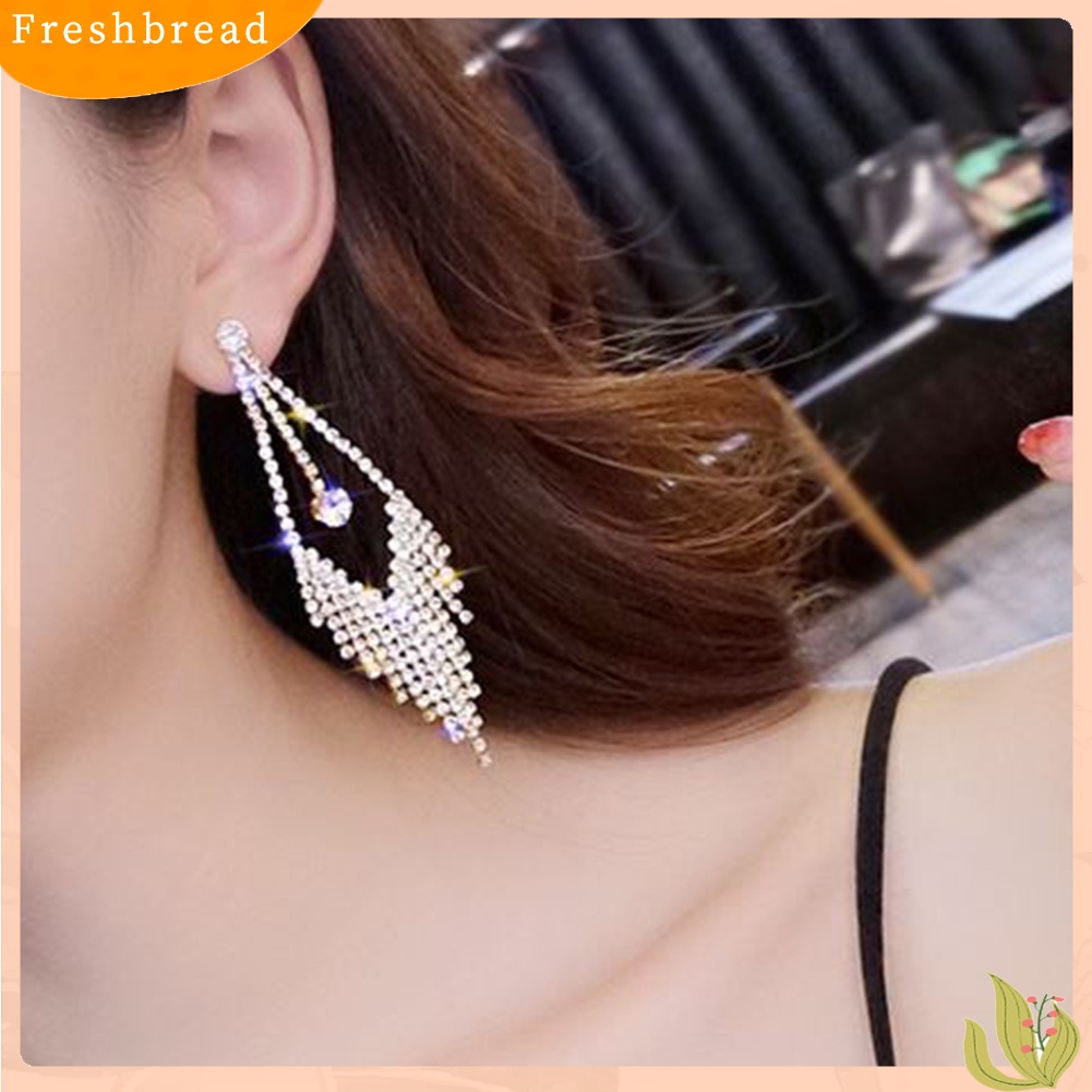 &lt; Freshbread &gt; Mewah Geometris Rumbai Berlian Imitasi Menjuntai Panjang Wanita Stud Earrings Perhiasan Hadiah