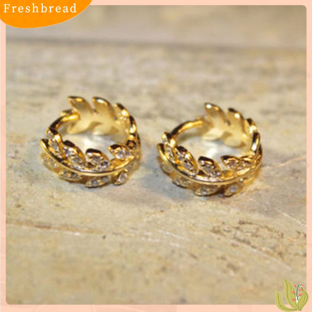 &lt; Freshbread &gt; Wanita Fashion Cubic Zirconia Hias Daun Menjuntai Huggie Earrings Piercing Perhiasan