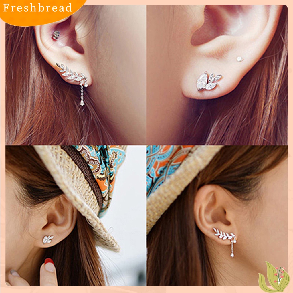 &lt; Freshbread &gt; Ear Studs Asimetris Anti Karat Wanita Daun Berlian Imitasi Anting Rumbai Untuk Pernikahan