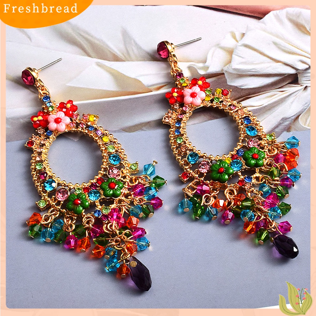 &lt; Freshbread &gt; 1pasang Anting Menjuntai Cantik Rumbai Manik Bunga Bohemian Warna-Warni Berlian Imitasi Drop Earrings Untuk Pacaran