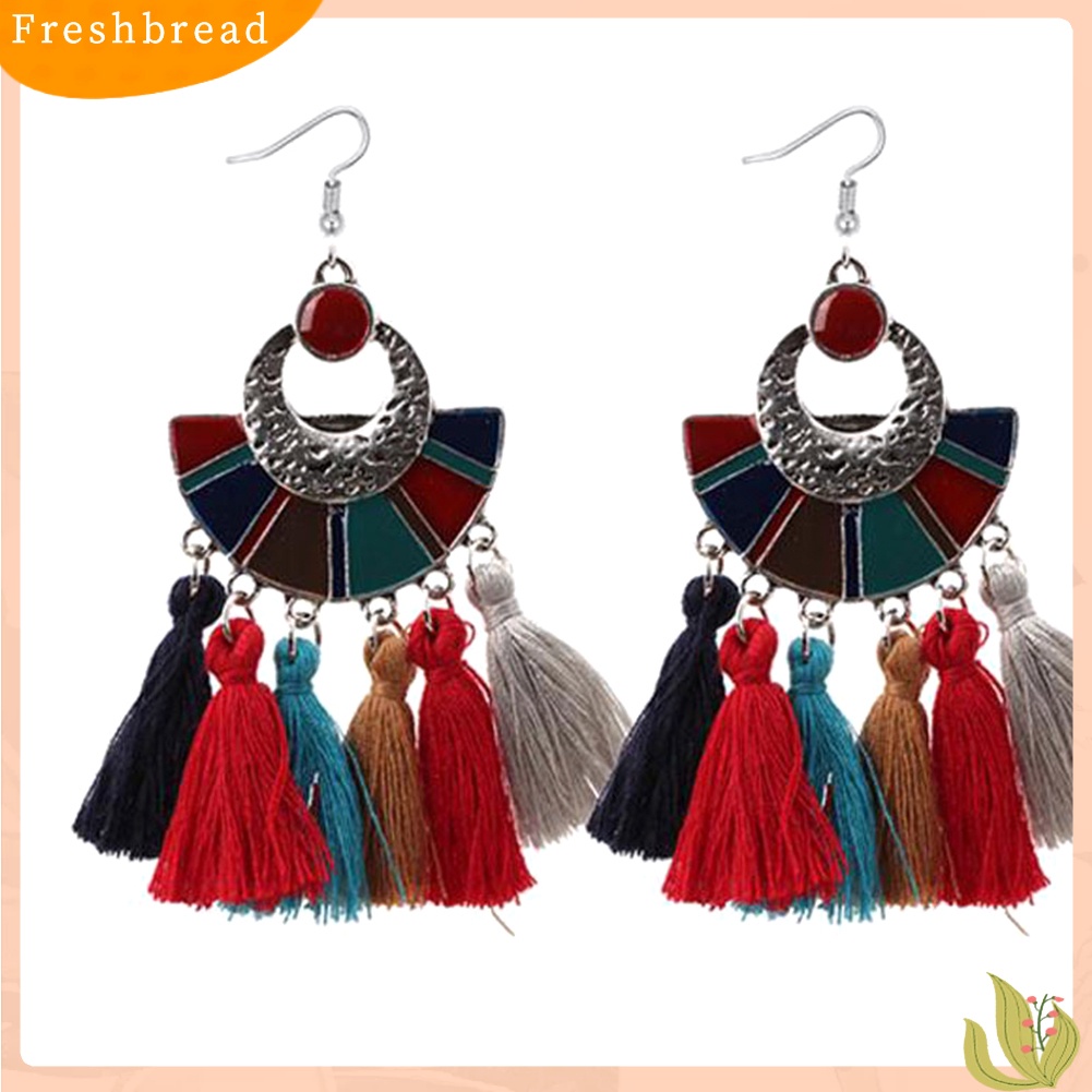 &lt; Freshbread &gt; Wanita Etnik Bentuk Kipas Warna-Warni Rumbai Menjuntai Drop Hook Anting Perhiasan Hadiah