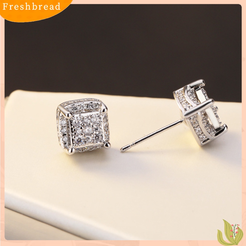 &lt; Freshbread &gt; 1pasang Giwang Telinga Persegi Kepribadian Indah Alloy Cubic Zirconia Hias Piercing Studs Earrings Untuk Kehidupan Sehari-Hari