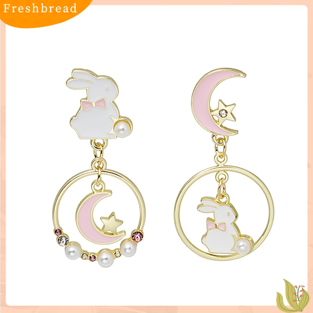 &lt; Freshbread &gt; 1pasang Stud Earrings Dissymmetry Cincin Berongga Berlian Imitasi Mutiara Imitasi Hadiah Kartun Kelinci Bulan Bintang Gadis Drop Earrings Fashion Perhiasan