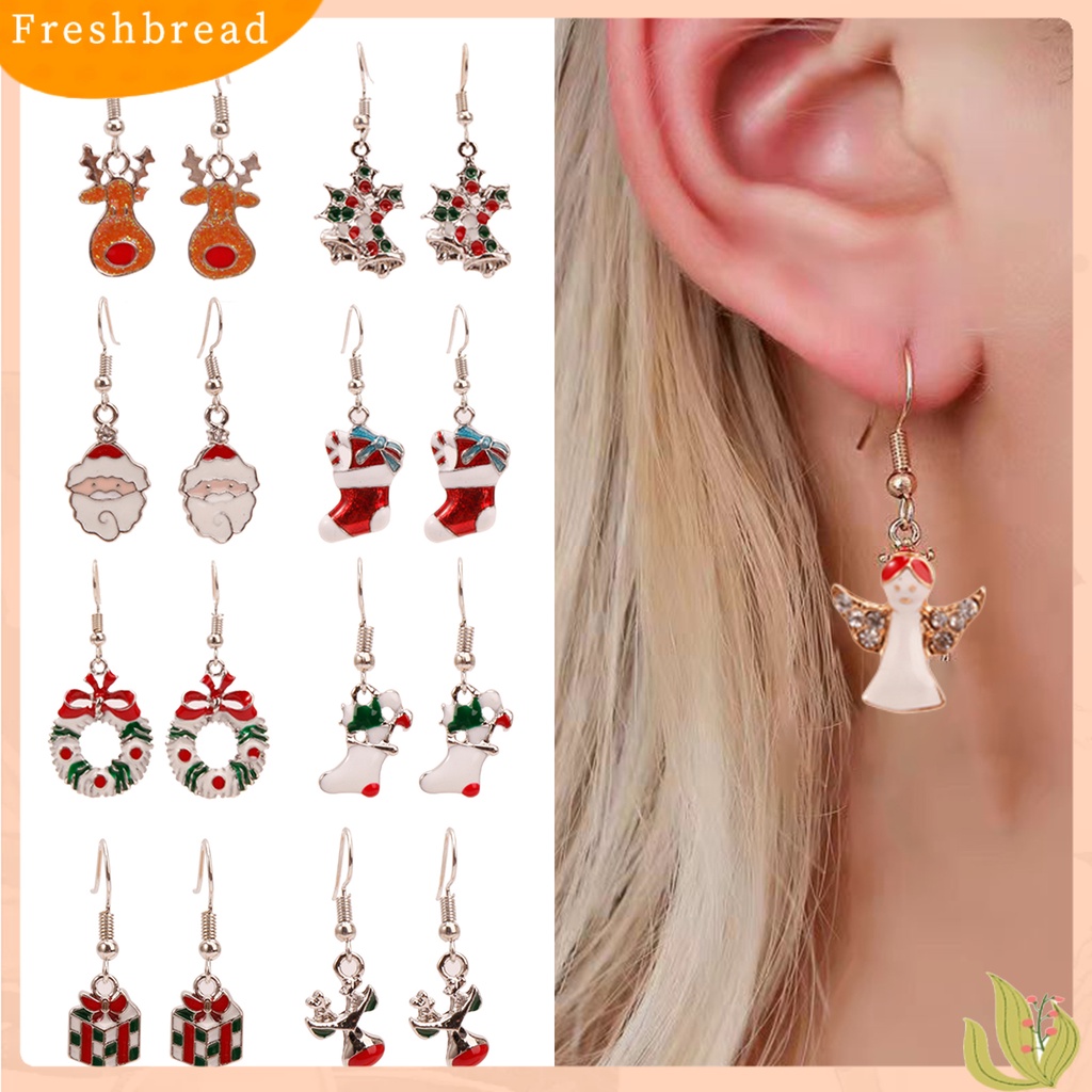 &lt; Freshbread &gt; 1pasang Anting Natal Santa Claus Wreath Aksesori Rusa Kaus Kaki Anting Menjuntai Untuk Natal