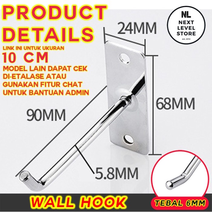 Wall Hook 10 CM Tebal 6mm - FREE 2 MUR - 10cm Cantolan Display Besi