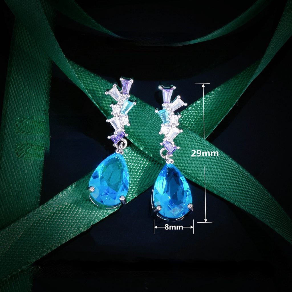 Goldkingdom Aksesoris Perhiasan Fashion Ready Stock Anting Safir Indah Santa Maria Topa Panjang Biru Anting Perempuan