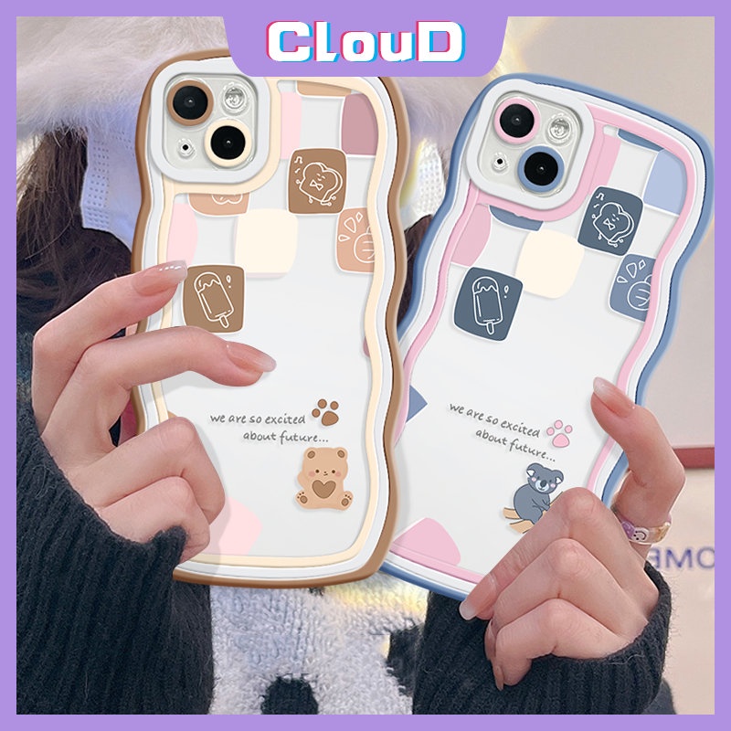 IPHONE Casing Ponsel Kompatibel Untuk Iphone11 13 14 12 Pro Max 7Plus X XR XS Max7 8 6s 6plus14 Plus SE 2020 Pasangan Kisi Kartun Lucu Beruang Lembut Tpu Penutup Tepi Bergelombang