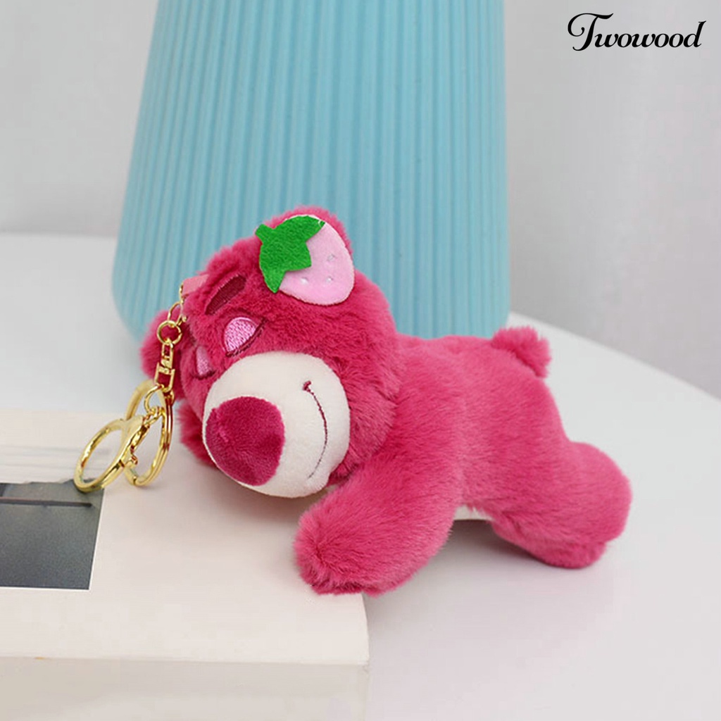 Twowood Gantungan Kunci Beruang Liontin Kartun Sprawled Lazy Bear Sweet Color Antikarat Keys Storage Strawberry Shoulder Bag Decoration Bear Mainan Mewah Mobil Decor Stuff