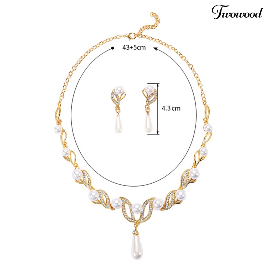 Twowood 1set Set Perhiasan Wanita Mutiara Imitasi Bentuk Tetesan Air Pernikahan Perhiasan Pengantin Paduan Temperamen Berlian Imitasi Drop Anting Kalung Hadiah Anniversary