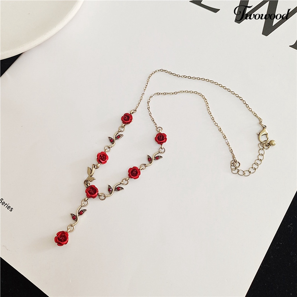 Twowood 1set Wanita Rose Kalung Gaya Perancis Retro Elegan Rantai Emas Peri Hadiah Adjustable Bunga Merah Gelang Stud Anting Kit Perhiasan Aksesoris