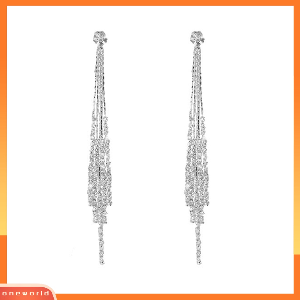 [ONE] 1pasang Anting Stud Dainty Elegan Temperamen Mewah Berlian Imitasi Bertatahkan Jumbai Linear Earrings Perhiasan Fashion