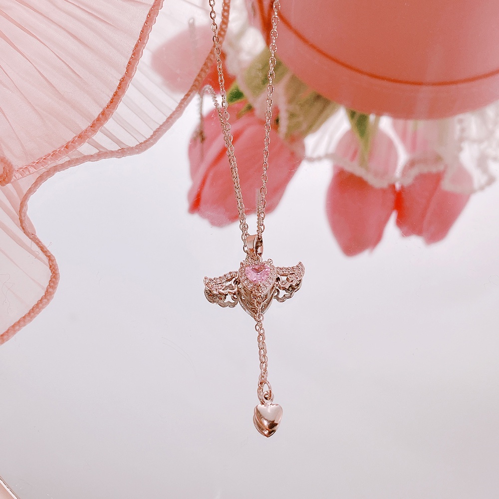 Kalung Anting Liontin Zirkon Kristal Pink Cincin Sweet Cross Heart Chain Choker Untuk Aksesoris Perhiasan Wanita