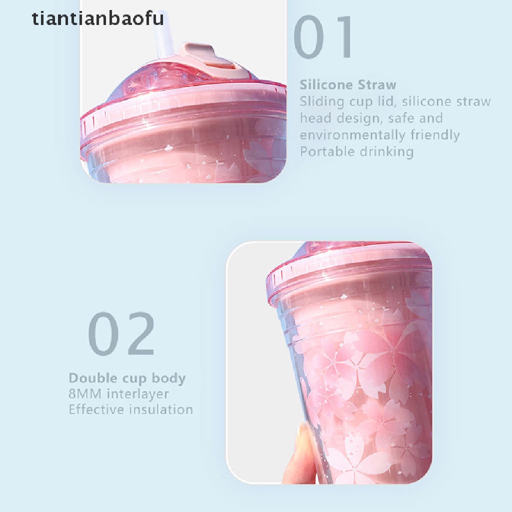 [tiantianbaofu] Gelas Plastik Sakura 480ml Dengan Sedotan Dan Tutup BPA Free Double Wall Dewasa Botol Air Minum Tea Cup Kawai Rumah Kantor Hadiah Butik