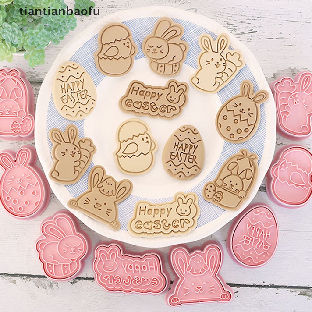 [tiantianbaofu] 8pcs/set Paskah Cookie Cutter Kelinci Pemotong Telur DIY 3D Cetakan Kue Plastik Butik