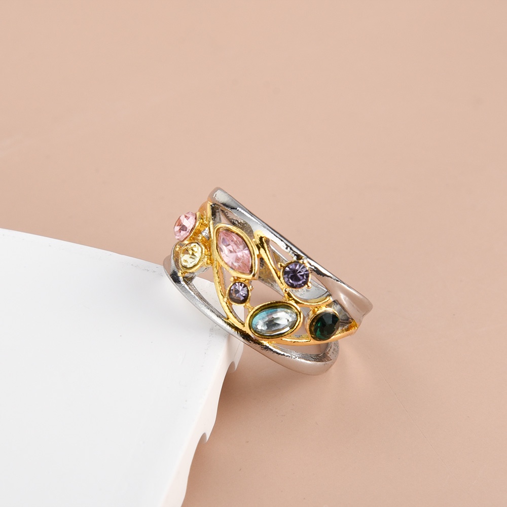 Fashion Cincin Zirkon Hias Untuk Wanita/Cincin Jari Gelombang Pola Geometris Multicolor Halus/Cincin Pesta Elegan/Perhiasan Wanita Populer