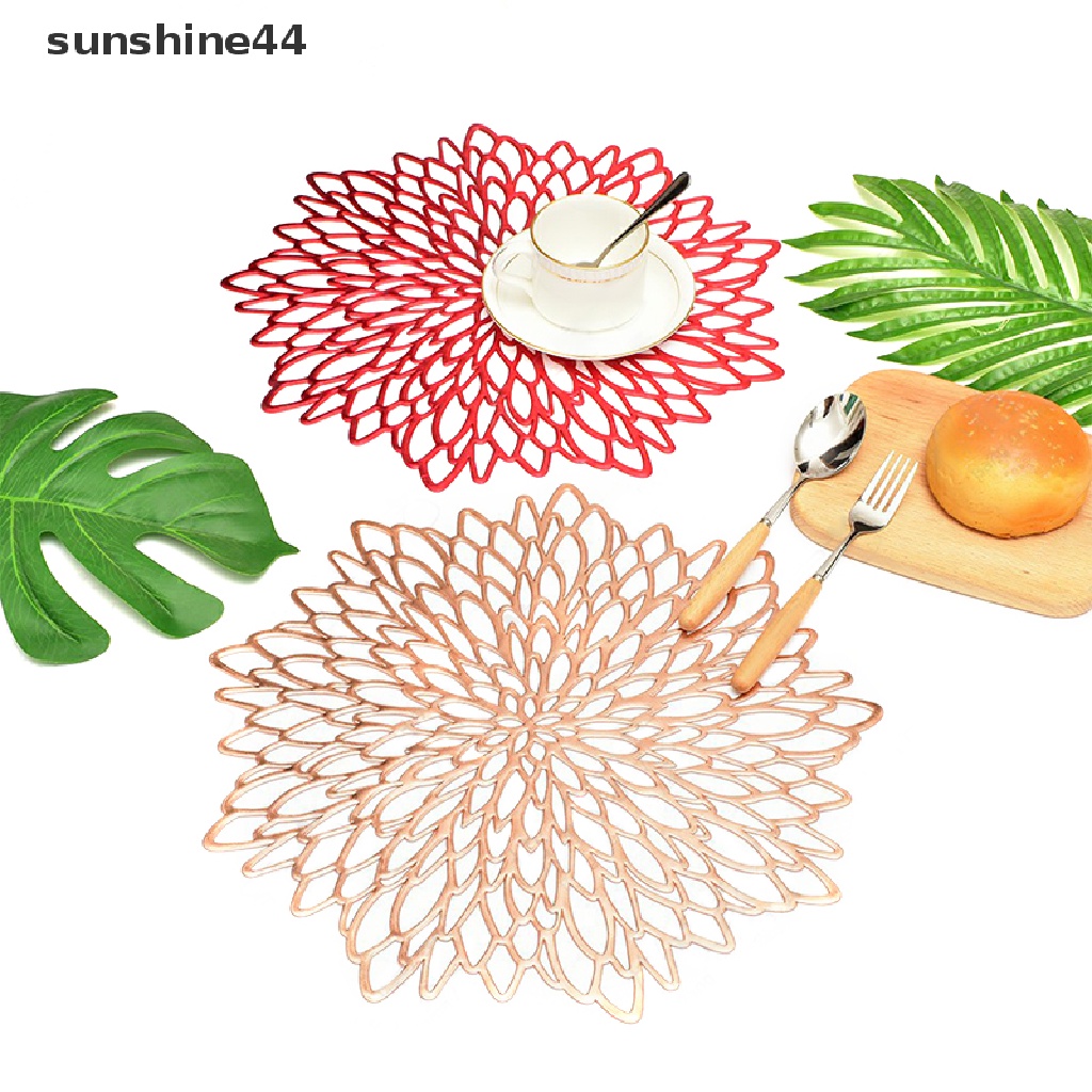 Sunshine Table Mat Hibiscus Flower Bronzing PVC Tatakan Hollow Isolasi Coaster Alas Meja Mangkok Dekorasi Rumah Natal Tahan Panas ID