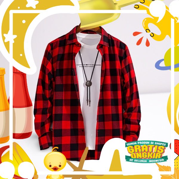 Kemeja Kotak Cowok - Hem Flanel Pria Lengan Panjang - Kemeja Flanel Merah Pria - Baju Kotak - Kemeja