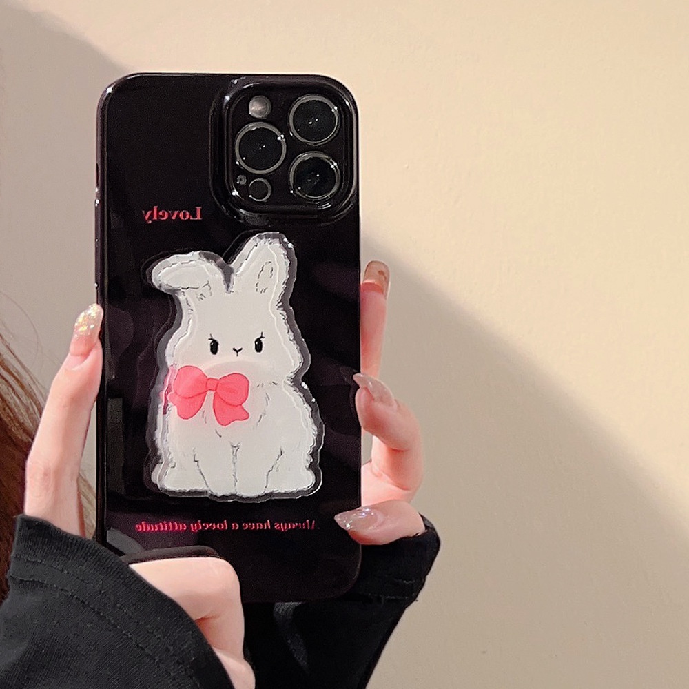 IPHONE Fluffy White Gentle Bunny Glossy Jelly Full Protection Phone Case Cover Dengan Holder Kelinci Untuk Iphone11 12 13 14 PLUS PRO MAX