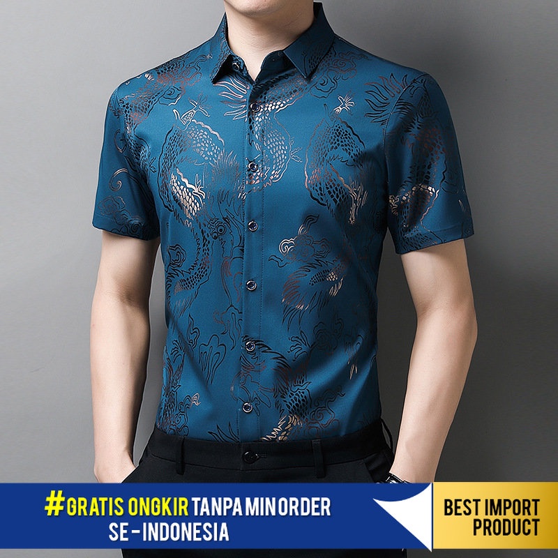Kemeja Pria Kemeja Lengan Pendek , Baju Motif Emas Berwarna Pola Naga, Baju   Cina Setengah Lengan, 