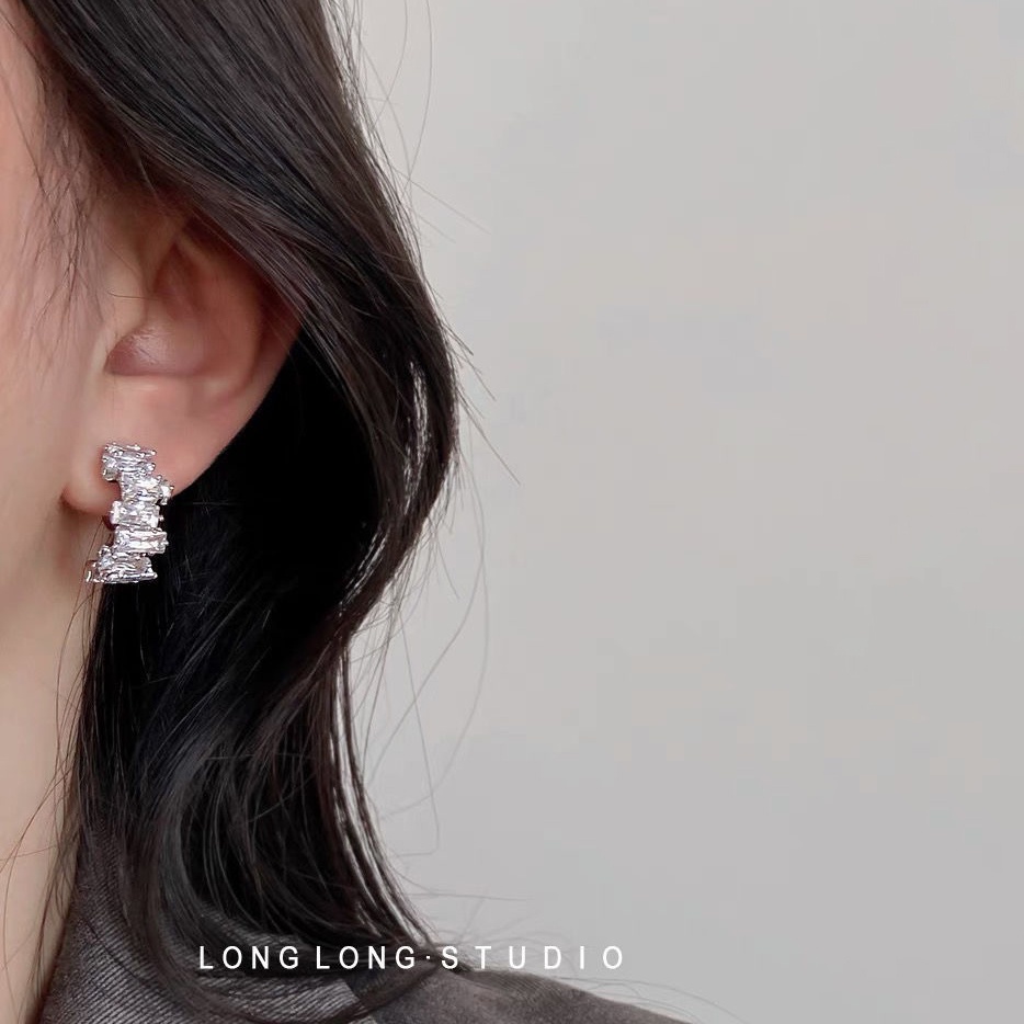 Anting Tusuk Perak Melengkung Korea Untuk Wanita Zirkon Hoop Earrings Aksesoris Perhiasan