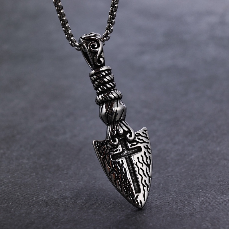 [X C Kalung] Baru Silvery Vintage Viking Salib Tombak Baja Titanium Liontin Punk Hip Hop Stainless Steel Kalung Hadiah Pesta Ulang Tahun Untuk Pria Dan Wanita