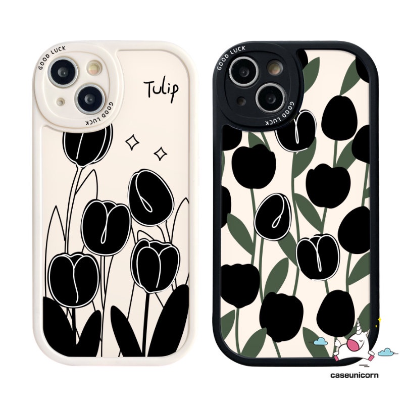 Casing Ponsel Pasangan Sederhana Modis Kompatibel Untuk iPhone XR 13 11 14 12 Pro 7 6s 6 8 Plus X XS Max 14 11 13 Pro Max SE 2020 Bunga Tulip Hitam Lembut Tpu Penutup Belakang