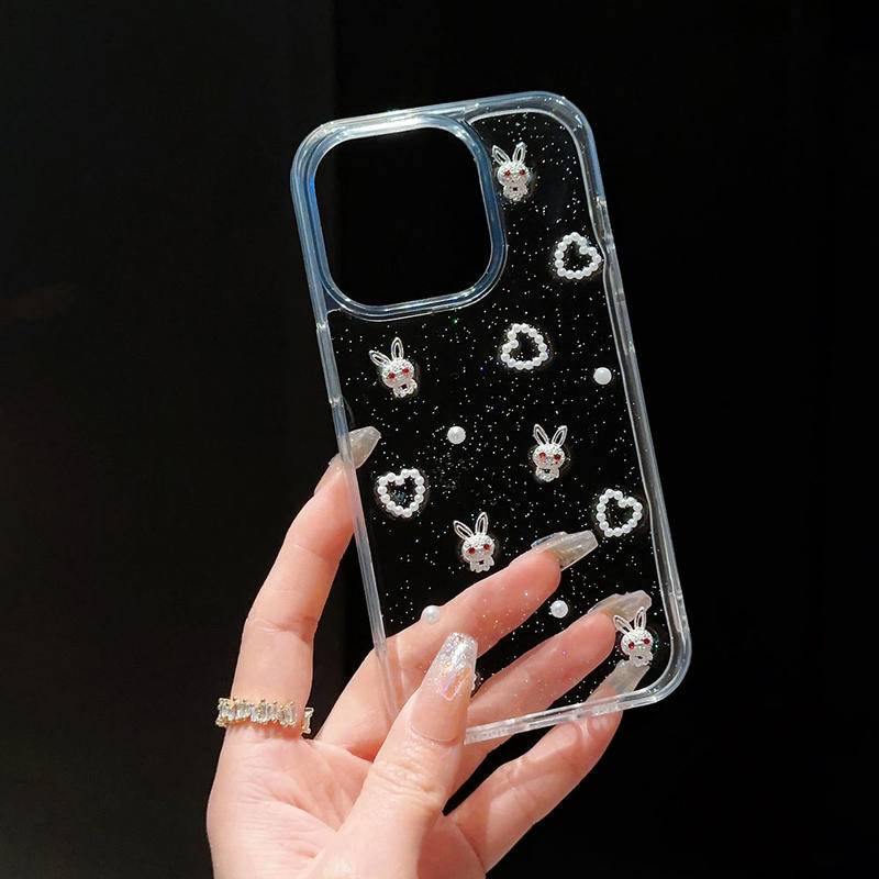 Glitter Lucu Kartun Kelinci Mutiara Love Heart Epoxy Phone Case Untuk Iphone14 13 12 11 Pro MAX Plus Mini Clear Cover Untuk iPhone X XS MAX XR 7 8 Plus SE 2022 2020 14Plus 13Mini 12Mini