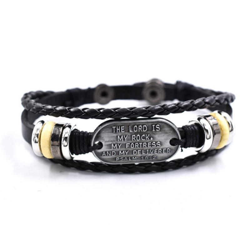 [X C Gelang] Baru Doa Allah Gelang Hitam Kulit Vintage Hip Hop Punk Gelang Kulit Lengan Manik-Manik Multilayer Zinc Alloy Anyaman Gelang