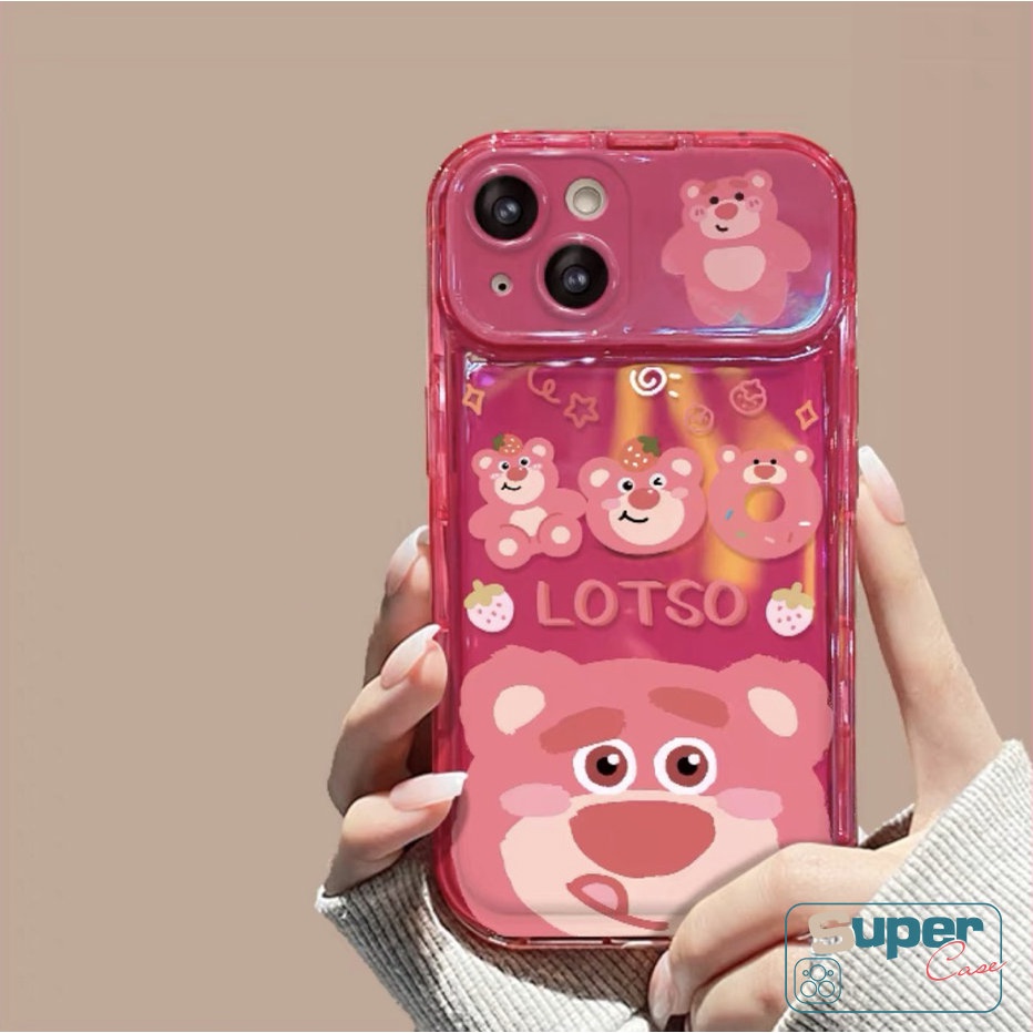 Casing Case Kartun Kompatibel Untuk iPhone 7Plus XR 11 Pro Max7 8 14 Plus 14 12 13 Pro MAX X XS MAX SE 3D Flip Make Up Cermin Beruang Strawberry Lucu Manyo Mainan Shockproof Soft Cover