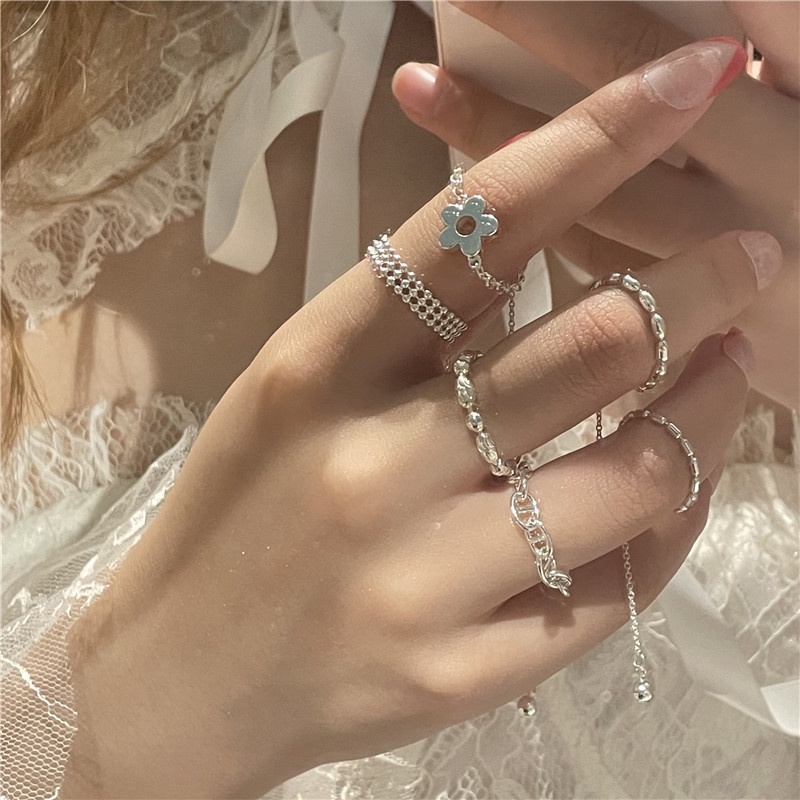 Kami Bunga Korea S925 Perak Bola Kecil Rumbai Link Rantai Cincin Untuk Wanita Perempuan Trendi Liburan Musim Panas Pantai Jari Cincin Fashion Perhiasan Aksesoris