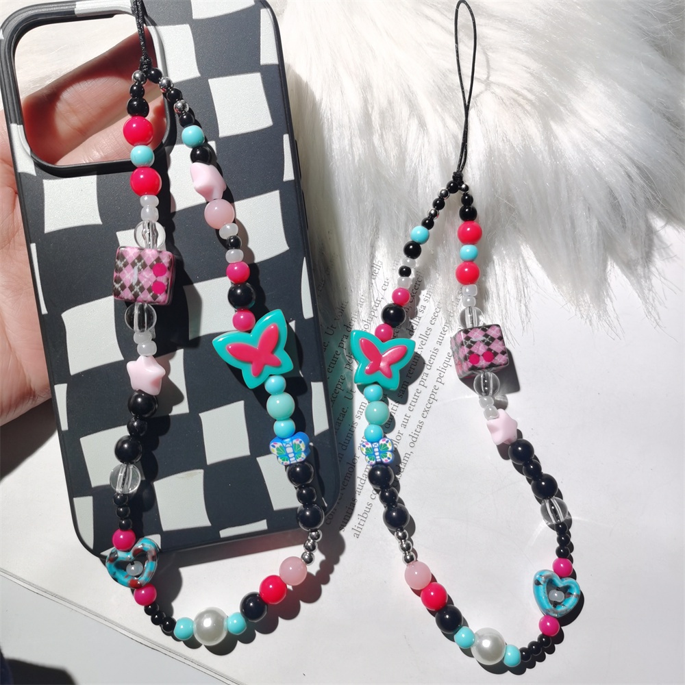 Y2k Gaya Kupu-Kupu Dadu Rantai Ponsel Anti Hilang Lembut Tembikar Tali Strap Lanyard Manik-Manik Akrilik Warna-Warni Kasus Ponsel Kabel Gantung L158-1
